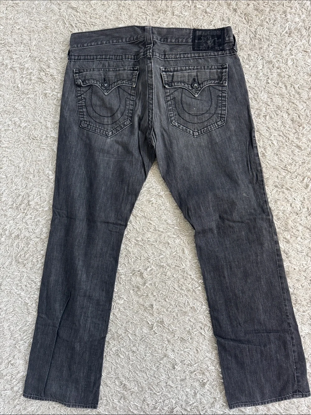 True Religion Men's Ricky Dark Gray Denim Jeans with Signature Pocket Stitching